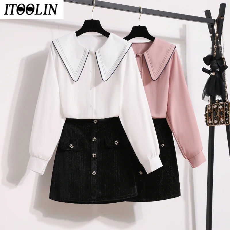 

ITOOLIN Suits 2 piece Set Women French Peter Pan Collar Sweet Pink Blouse Shirt + Black Bodycon Tweed Plaid Mini Skirt Suits