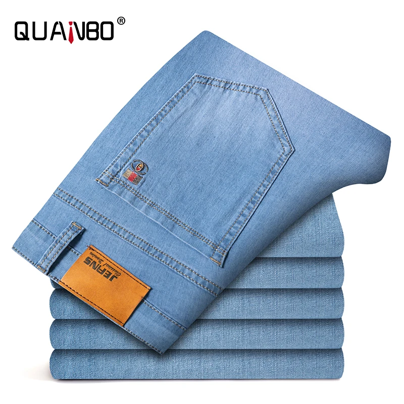 

QUANBO Brand Clothing Plus Size 40 42 44 46 Smart Casual Jeans Men's Classic 5-Pocket Relaxed Fit Cotton Jean
