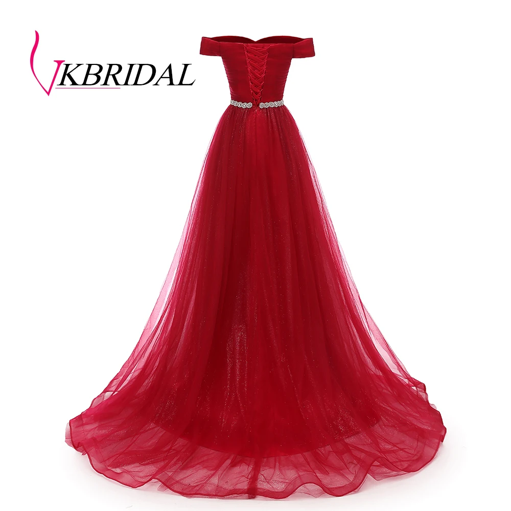 VKBRIDAL, Красное длинное вечернее платье с открытыми плечами и поясом, расшитое бисером, винтажные платья для выпускного вечера, vestido de festa, недорогое вечернее платье со шнуровкой на спине