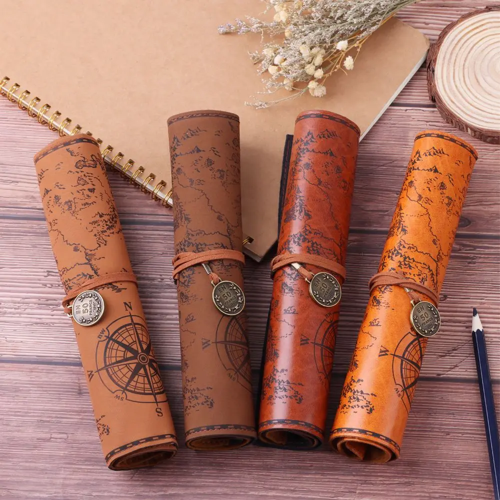 

1Pcs European Retro Treasure Map leather Pencil Bag Pluggable Pencil Pens Storage Bag sketch Colored Pencil volume High capacity