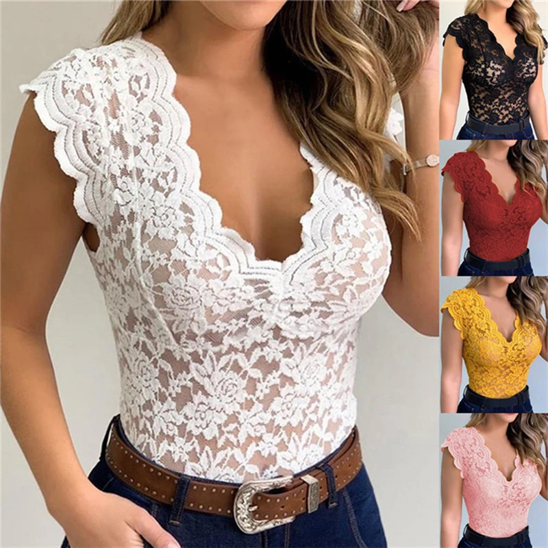 

Women's T Shirt Summer New Sexy Lace Short Sleeve V Neck Solid Color Perspective Fashion Hollow Female Top