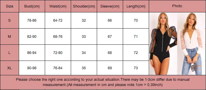 

Fashion Women's Bodycon Zipper Bodysuit 2020 New Mesh Puff Long Sleeve Bodysuit Ladies Leotard Romper Top Black White