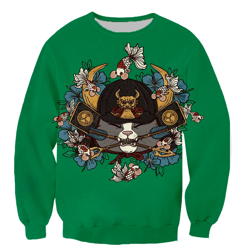 Новая забавная Модная японская Татуировка самурая кошка с длинным рукавом 3D