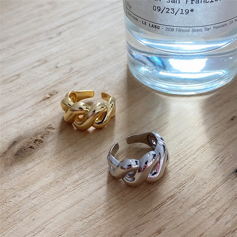 

POFUNUO Real 925 Sterling Silver Women Punk Hyperbole Rings Minimalism Female Simple Design Personalized 18K Gold Niche Rings