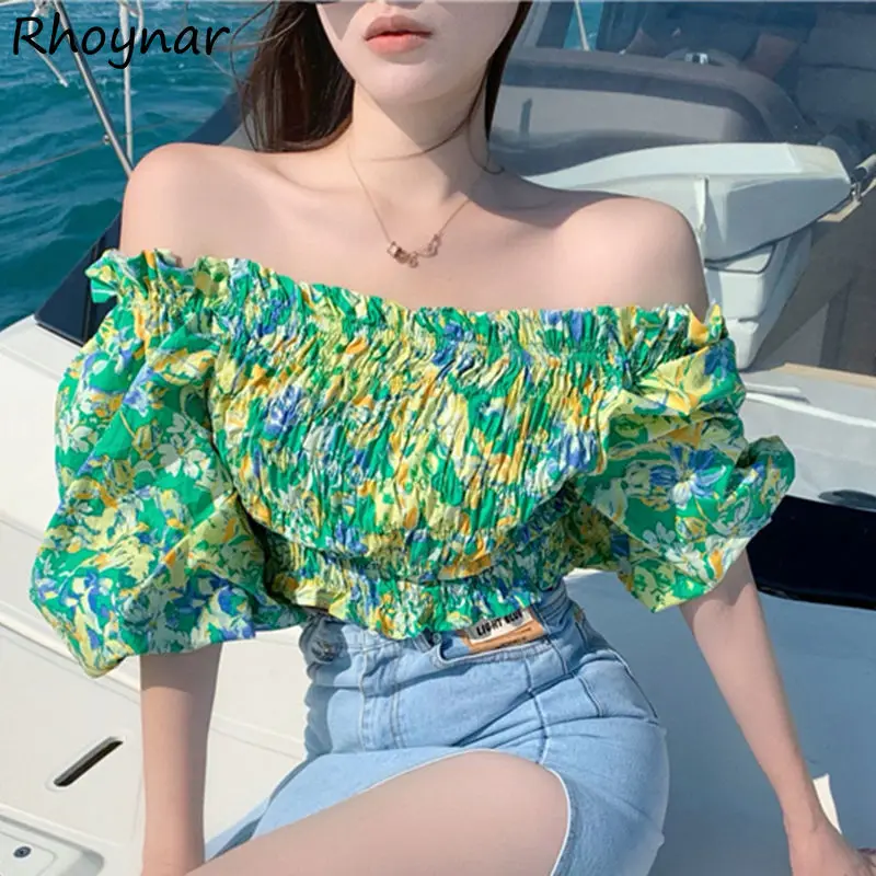 

Blouse Women Puff Sleeve Print Slash Neck Casual Vacation Sexy Female Clothes Party Cropped Trendy Vintage Korean Style Sweet