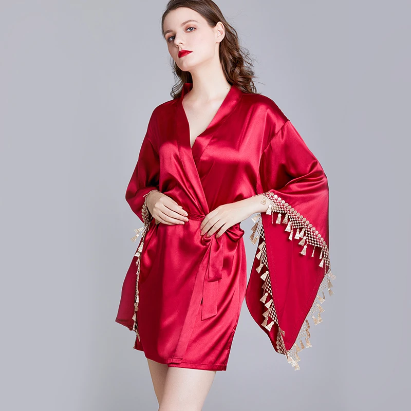 

Women's Tassel Robes Summer Satin Like Texture Bridesmaid Dressing Gown with Belt Ladies Comfy Nightie Home Clothes Sleepwear