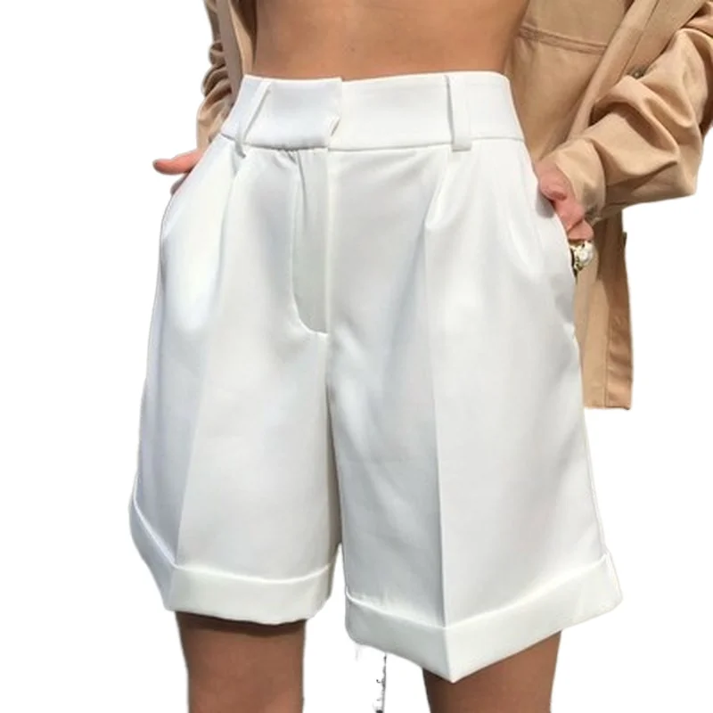

Women Summer Folded Pockets Zipper Button Straight Shorts Ladies Casual Short Pants