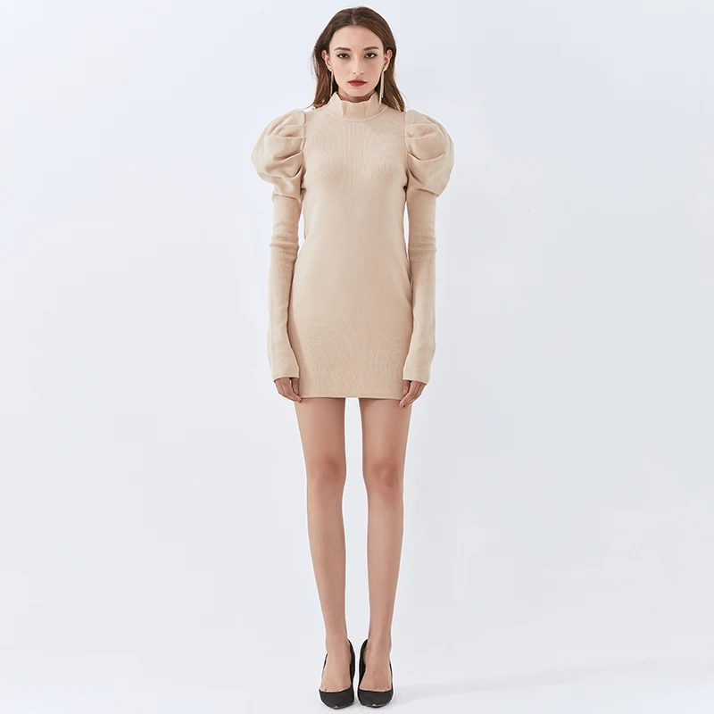 

TWOTWINSTYLE Slim Black Knitted Dress For Women Turtleneck Puff Sleeve High Waist Solid Dress Female 2021 Fall Fashion New Tide