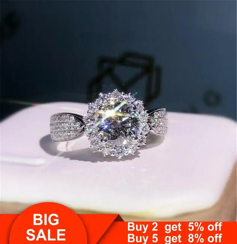 Сверкающие женские Кольцо 925 стерлингового серебра AAAAA Сона cz с цветочным