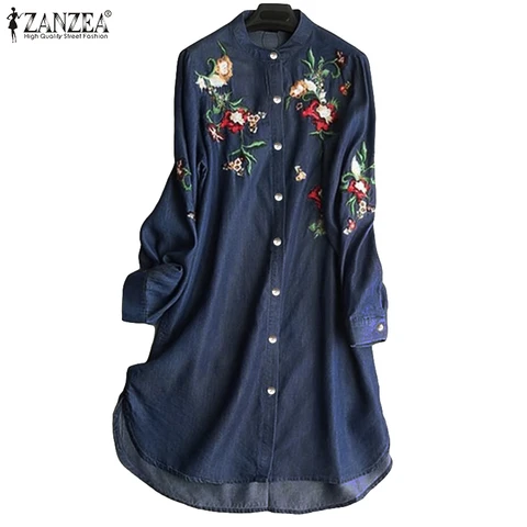 Элегантная рубашка с вышивкой, халат, женская джинсовая синяя блузка, 2023, ZANZEA, винтажные Блузы с длинным рукавом, Женская Джинсовая туника на пуговицах, большие размеры