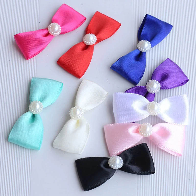 

100Pieces/Bag Handmade Ribbon Bow With Pearl Silk Butterfly Hand Flower DIY Wedding Hair Cloth Accessories Materials 9 colors