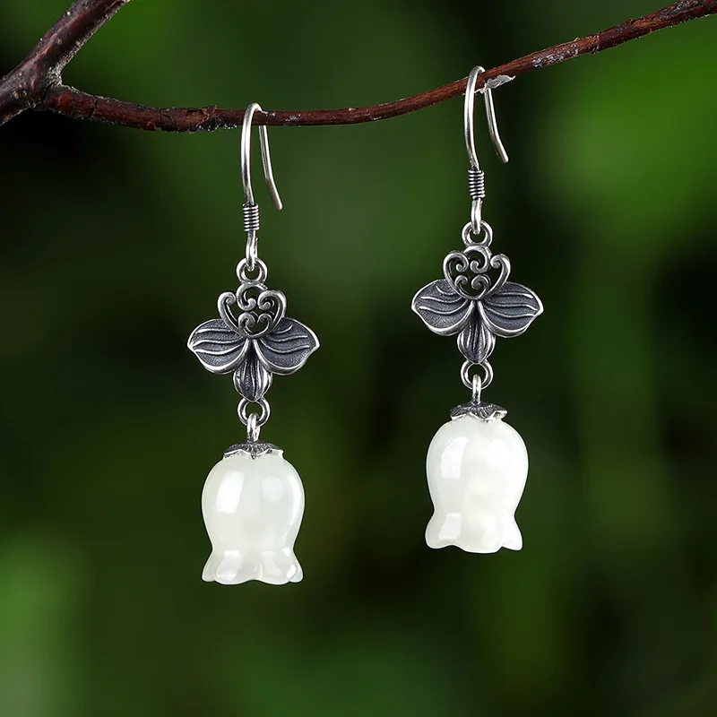 

2020 Ethnic Lily of the valley Floral Earrings for Women Solid 925 Thai Silver Leaves Fine Earrings Jade Tulip Flowers Jewelry