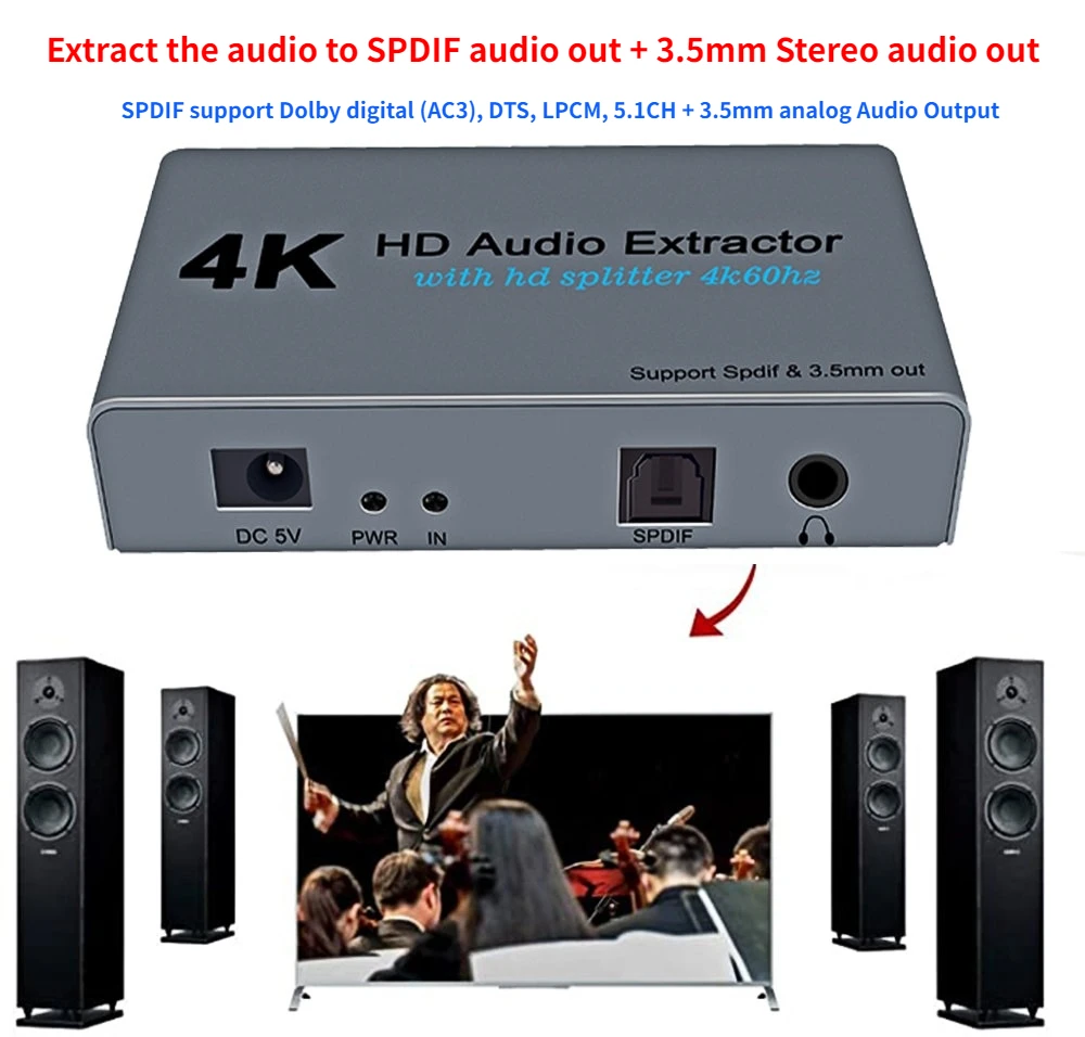 HDMI аудио экстрактор сплиттер 1X2 4K 60 Гц в оптический Spdif Toslink с и 3 5 мм стерео