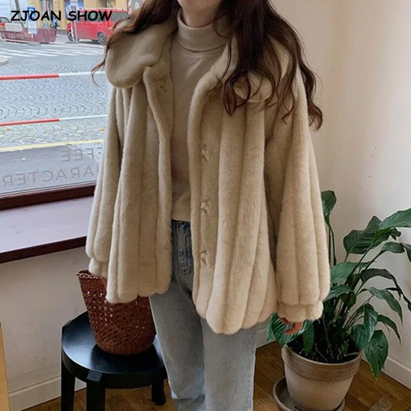 Korea clothes Lapel Hairy Shaggy Faux Fur Coat Khaki Vintage Lantern sleeve Furry Faux Fur Women Jacket Loose Outerwear