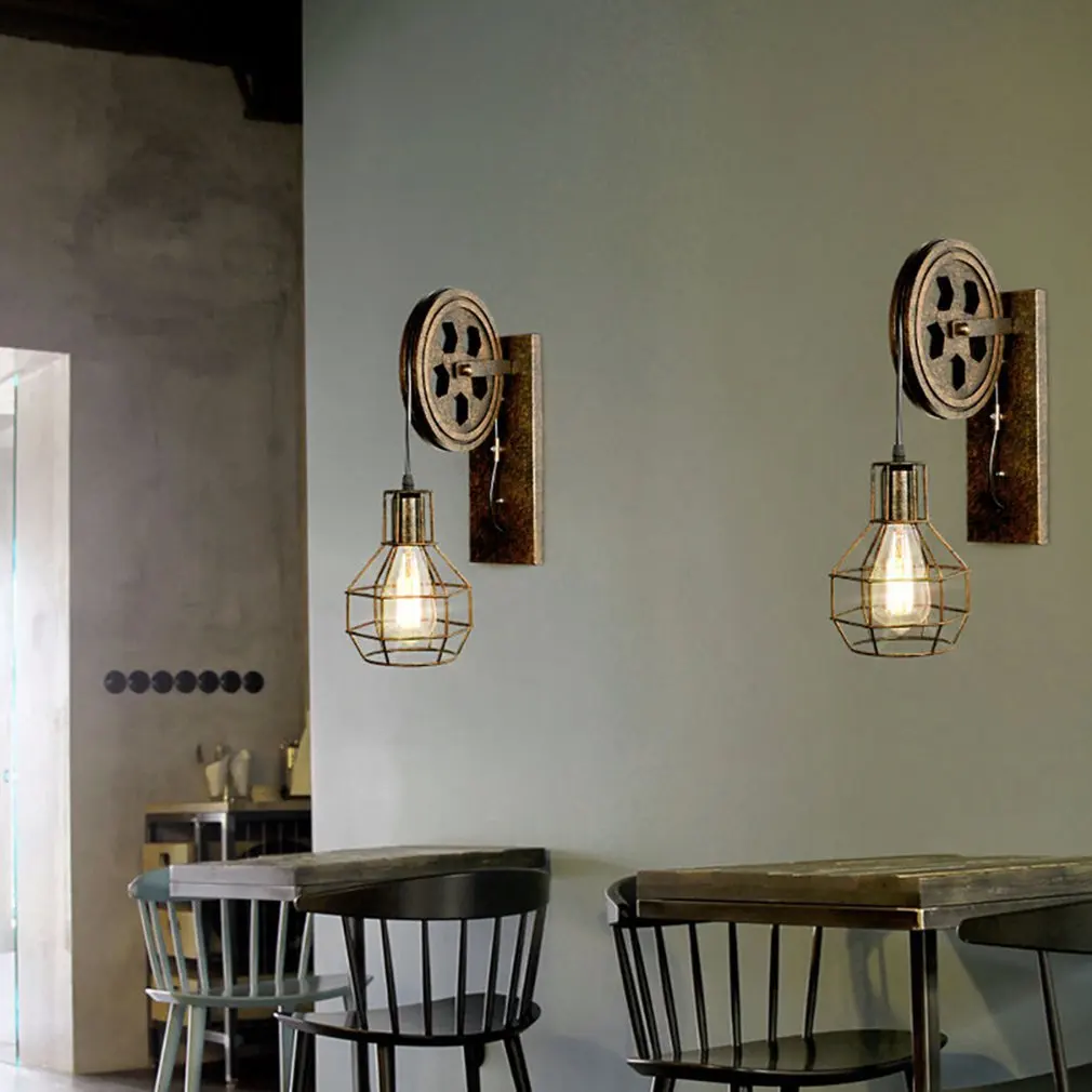 

1Pcs Retro Vintage Wall Light Lifting Pulley Industrial Wall Lamp Shade Fixture Iron Loft Cafe Bar Adjustable Sconce Light