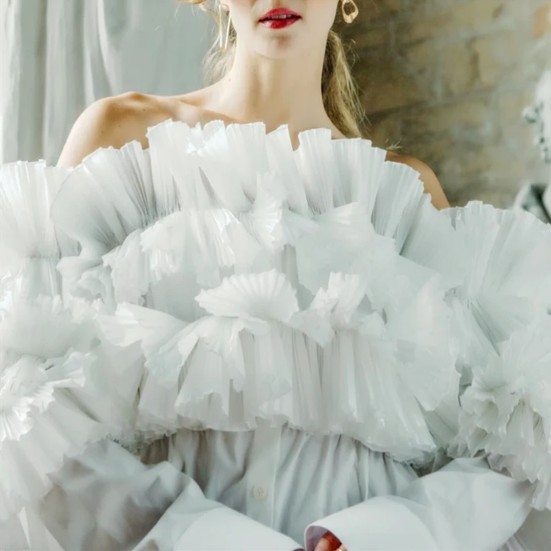 Женская Свободная блузка [EAM] белая с воротником-лодочкой длинными рукавами и