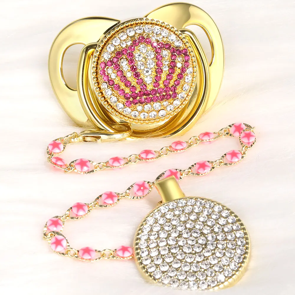 

Luxury Pacifier With Pink Starfish Chain Clips Bling BPA Free Silicone Infant Pacifier For Babies Free Shipping chupetes de lujo