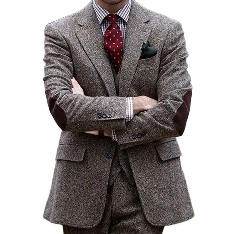

Tweed Brown Notched Lapel Single Breasted Men Suits For Winter 3 Piece Custom Made Groom Tuxedo Tailor Male Fashion Wedding Wear