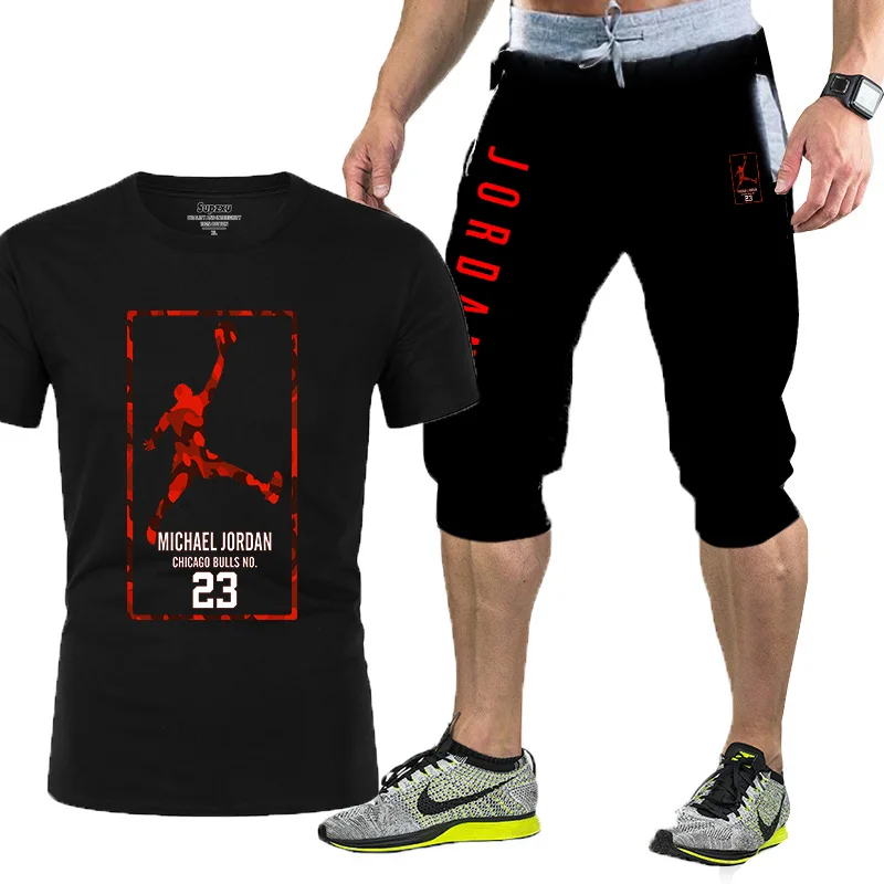 

2021 new printed men's T-shirt + sports pants 2 sets, men's and women's fashion suits, men's casual sports running clothes