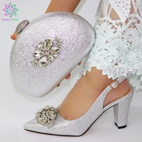 new italian silver color shoes and purse set nigerian decorated with rhinestone women party shoes and bag set