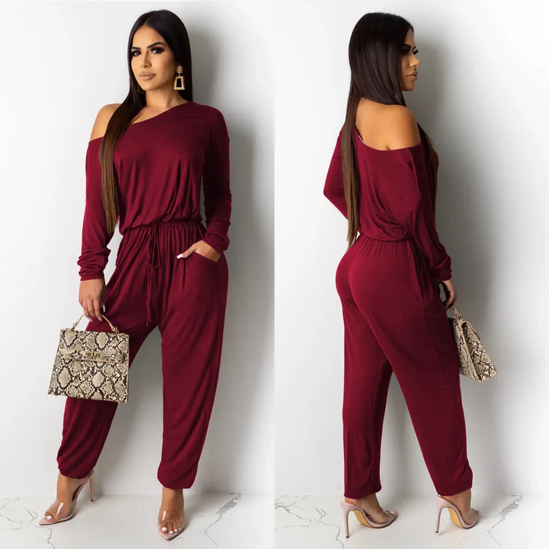 

Women Fashion Loose Pure Color Off The Shoulder Long Sleeve Loose Jumpsuits With Pockets
