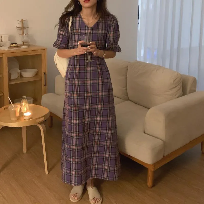 

2021 Plaid Gentle Femme Streetwear Vintage Elegance Puff Sleeves Sweet OL Hot Chic All Match Long Dresses Vestidos