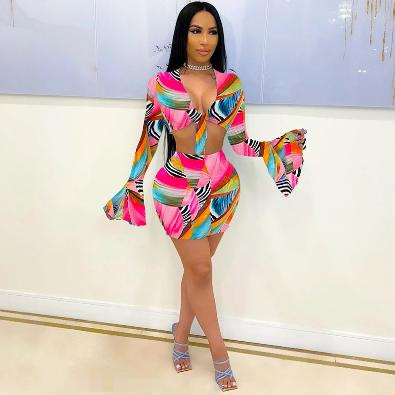 

Kricesseen Sexy Print Leopard Tie Dye Skirt Set Women Summer Flare Sleeve Bandage Top And Mini Skirt Bodycon Matching Set
