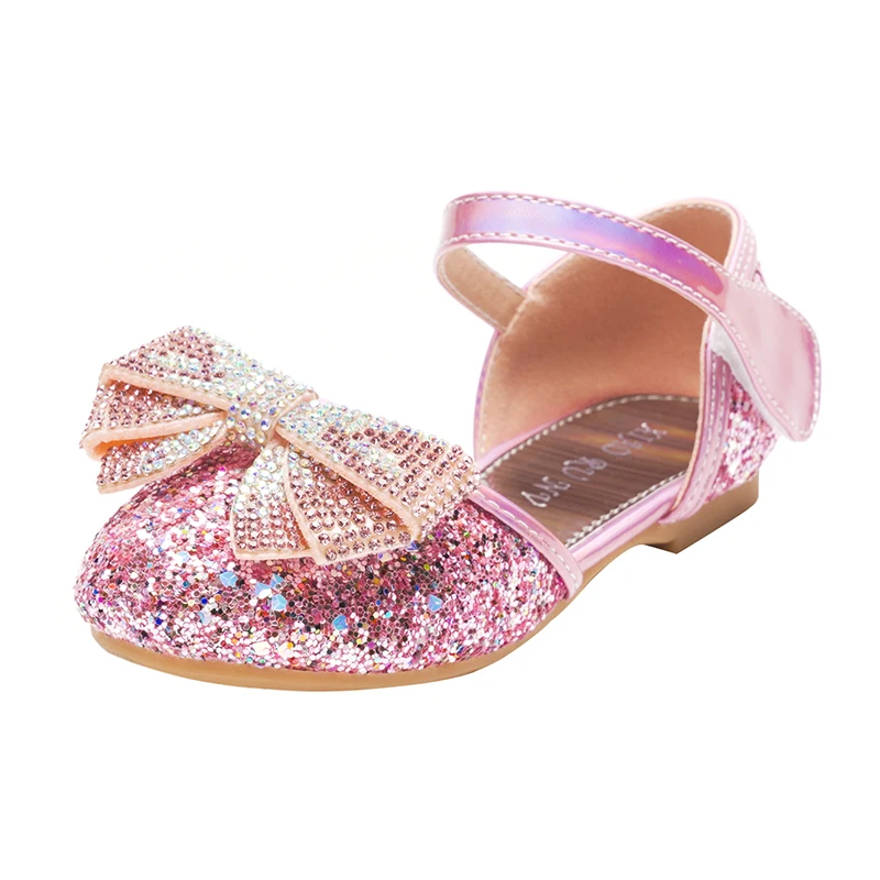 

Girls Leather Shoes Fashion Flash Sequins Bowtie Kids Sandals Flat Rhinestone Girls Princess Shoes Pink SJD042