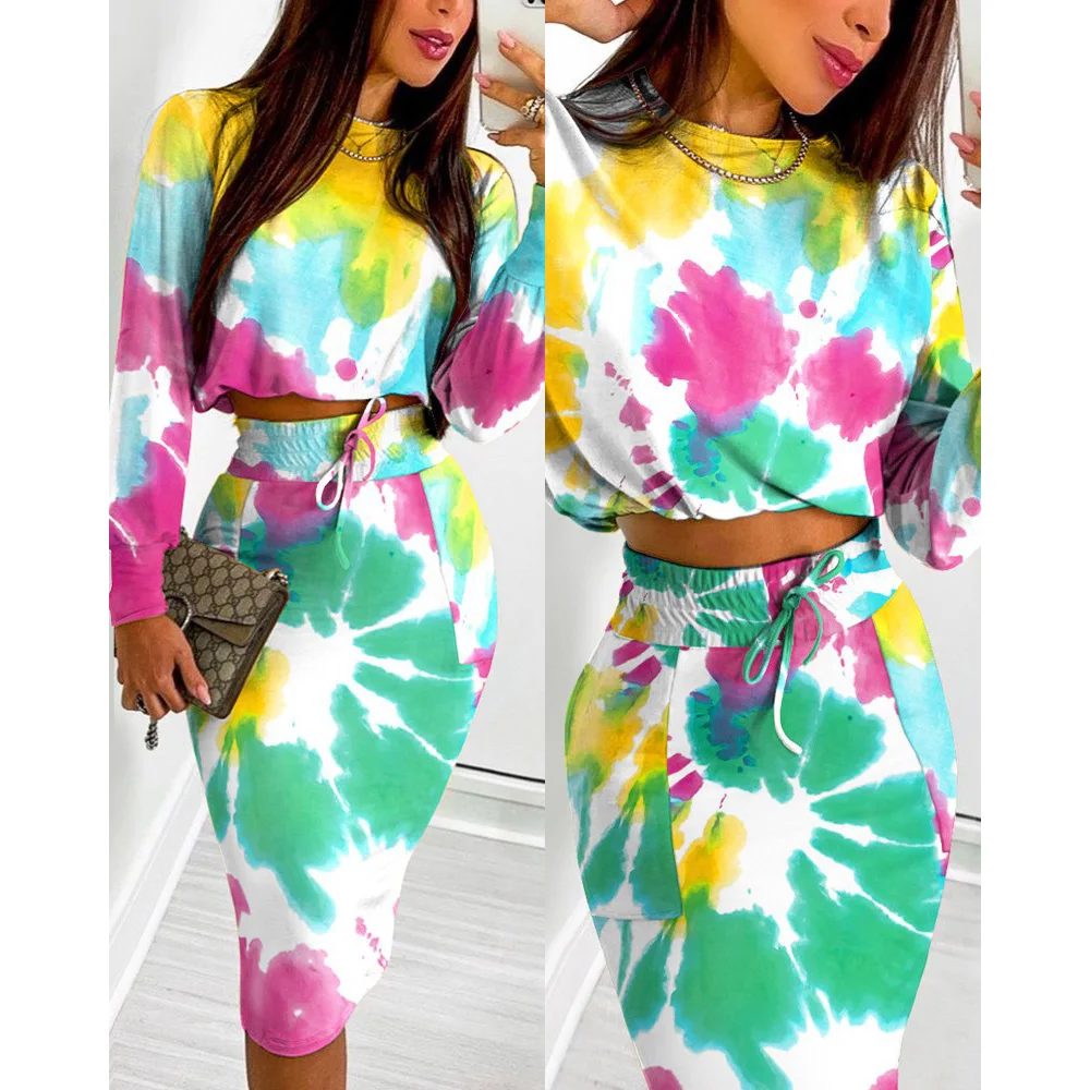 

Print Long Sleeve Skirt Sets Women Sexy Super Short Tops Street Wear Female Skirt Midi Dress Suits Autumn Two 2 Piece Set