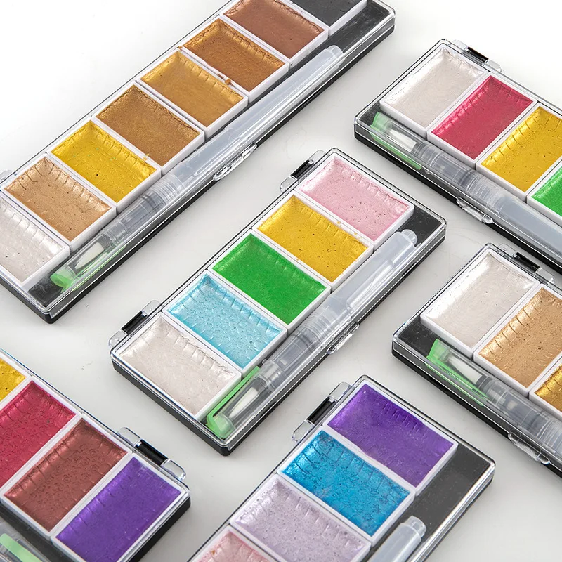 

Rectangle Metallic Gem Pearlescent Solid Watercolor Oil Paint Set Portable Brush Pen Artistic Painting Art Supplies