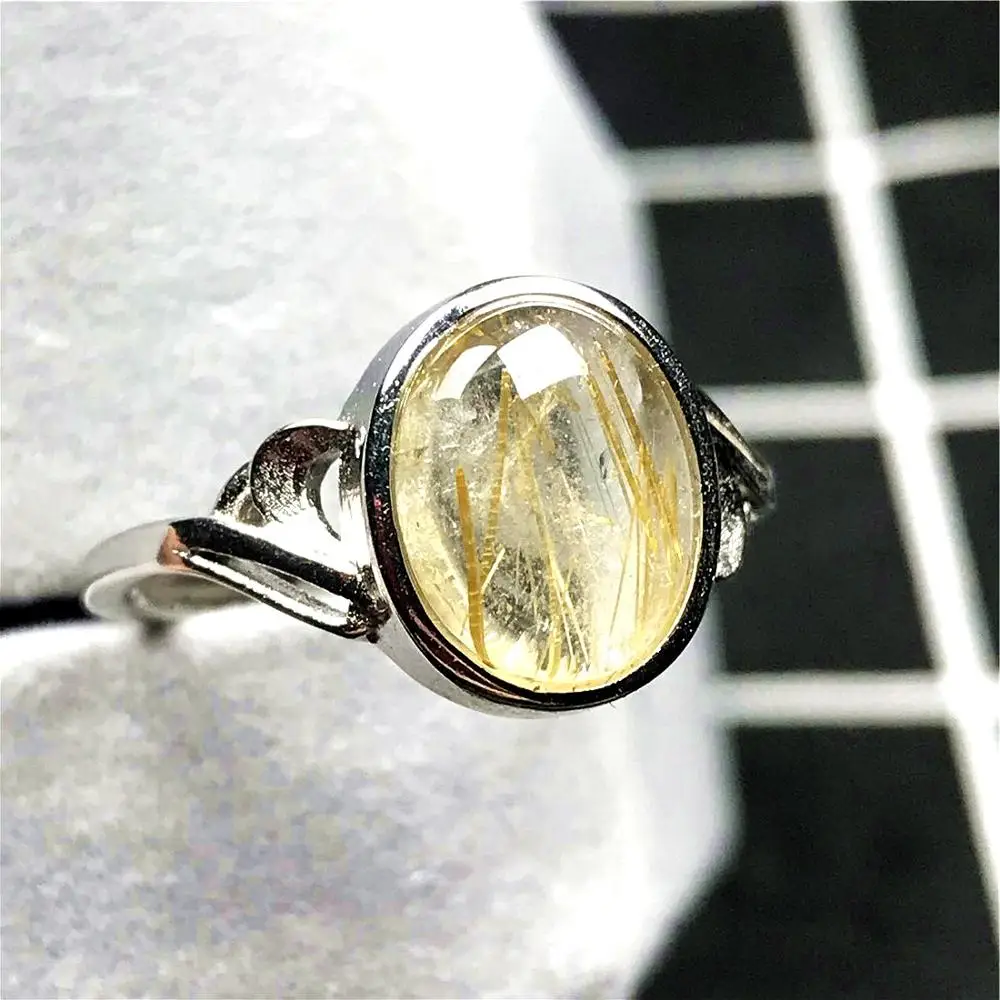 

11x8mm Top Natural Gold Rutilated Quartz Ring For Woman Man Crystal Oval Beads Silver Gemstone Adjustable Ring Jewelry AAAAA