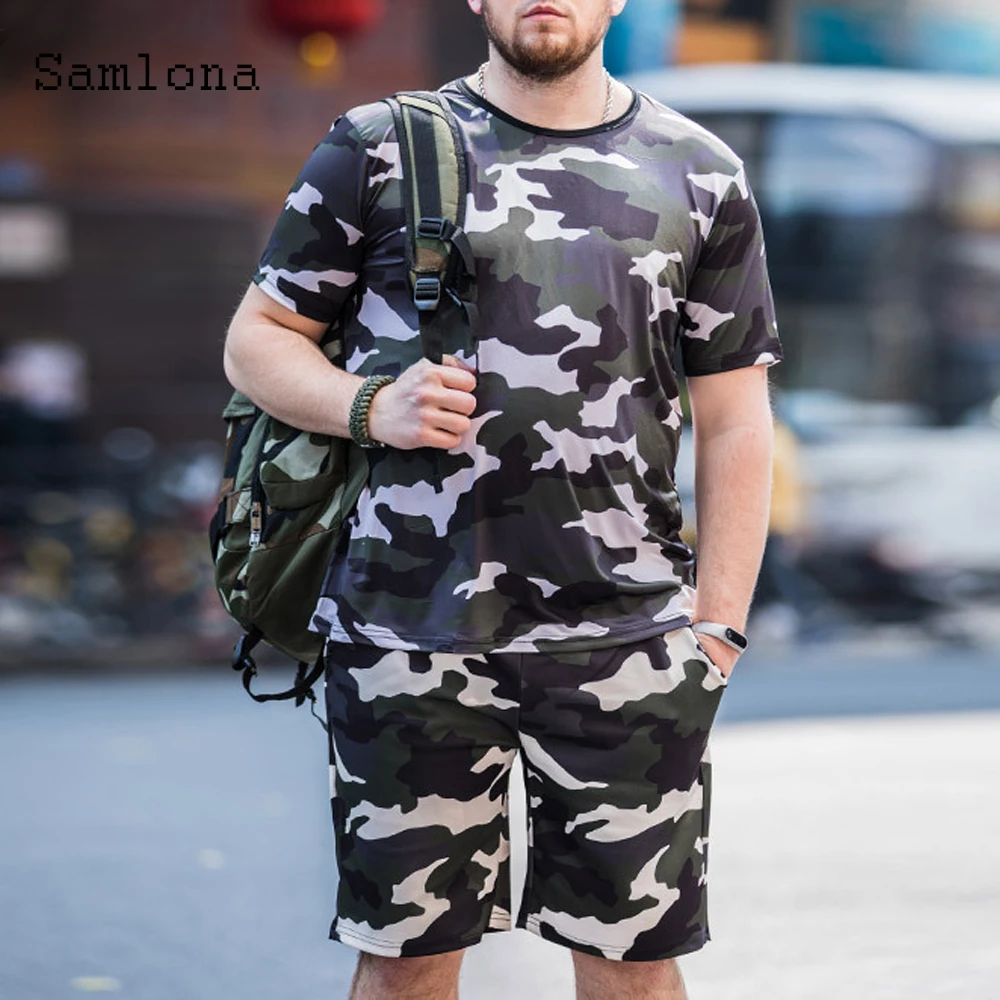 

Samlona Plus Size Men clothing ropa hombre T-shirts sets 2021 summer fashion printed two piece sets casual streetwear man 6xl