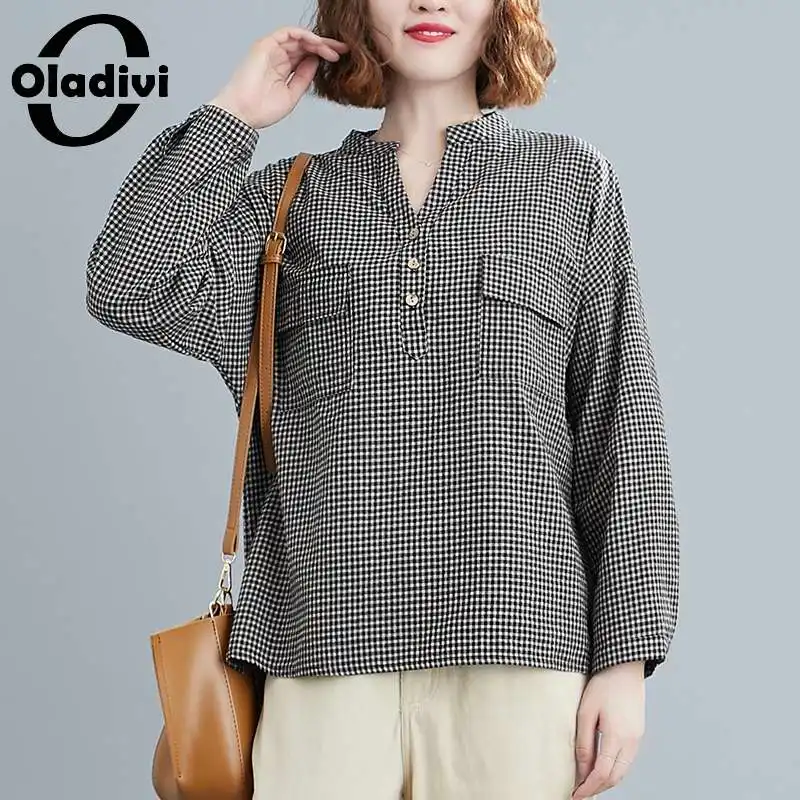 

Блузка Oladivi в клетку с карманами женская, Повседневная рубашка с длинным рукавом, Свободный Топ, большие размеры L XL XXL 3XL, весна-осень