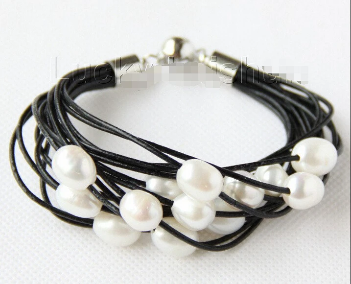 Браслет из черной кожи с белыми жемчужинами 8 дюймов 13 мм 15 рядов | Украшения и