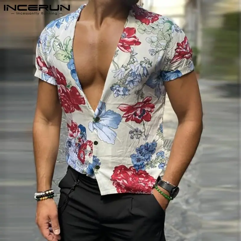 

2021 Summer Printing Casual Blouse INCERUN Men Short Sleeve Stand Collar Floral Shirt Man Leisure Button Breathable Camisa S-3XL