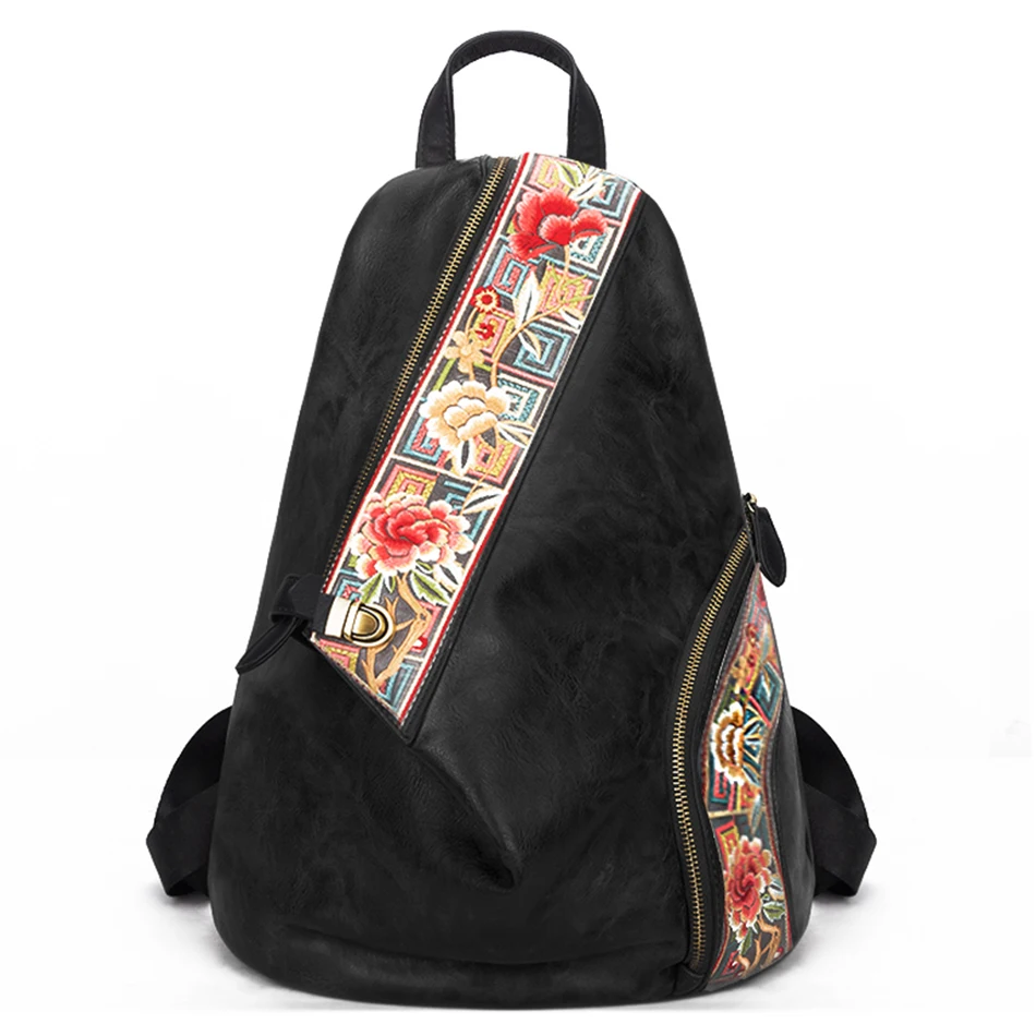 

Chinese Style Embroidery Bagpack High Quality Leather Women Backpack for Teenage Girls Female Travel Backpack Bag Sac A Dos