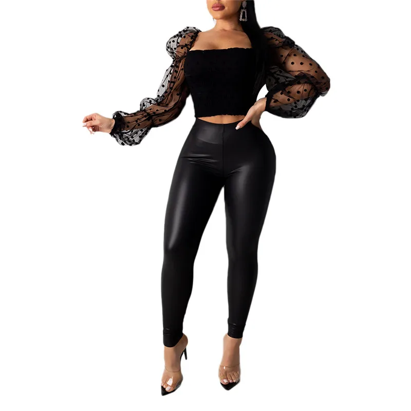 

Fashion Women Solid Off Shoulder Casual Mesh Dot Long Puff Sleeve Blouse Tops Short Tops