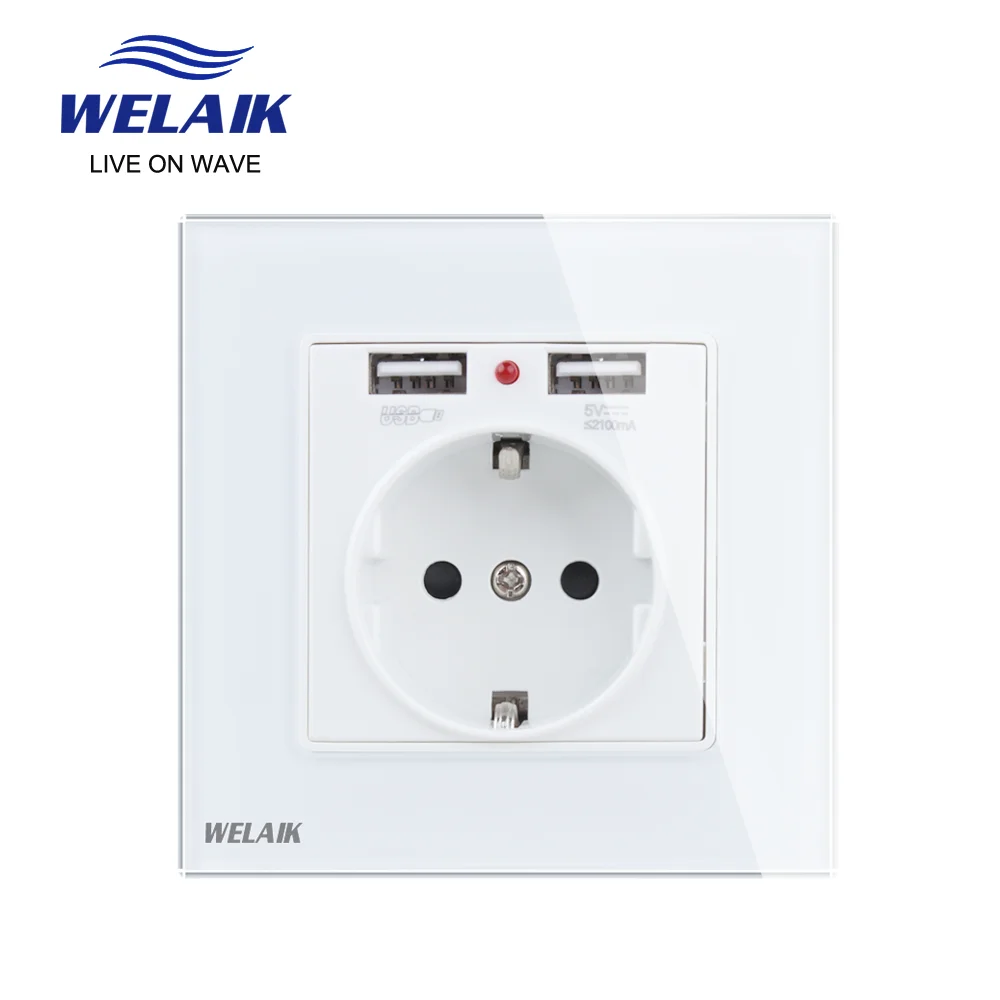 

WELAIK Tempering-Glass-Panel EU Wall-Power Socket-and 2USB Power-Socket UK-Standard B18E2USW