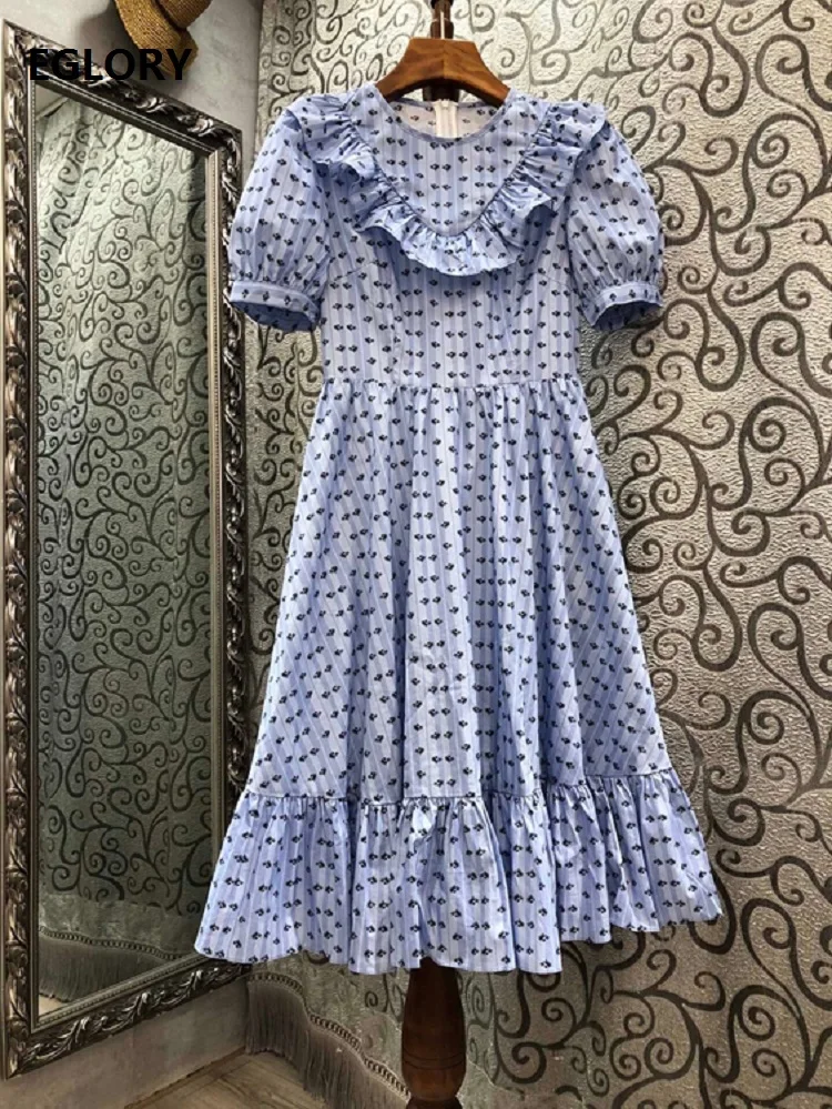

Top Quality Women's Dress 2021 Summer Clothes Ladies O-Neck Vintage Print Ruffle Floral Deco Short Sleeve Casual Blue Dress