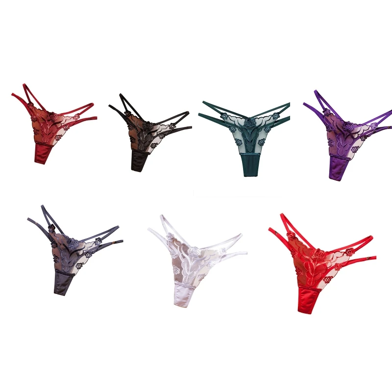 

2022 Women Erotic Low Rise Lingerie G-String Hollow Out Strappy T-Back Panties Thong Floral Embroidery Mesh Briefs Underwear