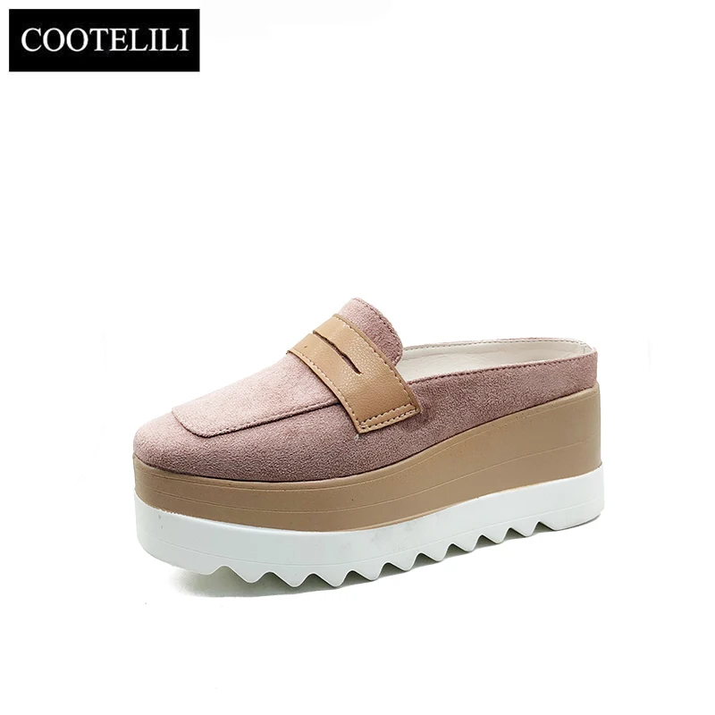 

COOTELILI Women New Summer Fall Slippers Outdoor Fur Shoes Woman Thick Bottom Platforms Slope Heel Black Basic Fashion Slippers