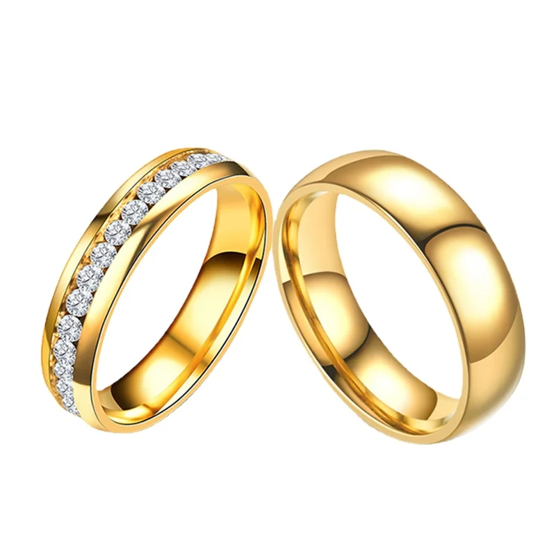 

SHOUMAN Gold Color Lover Crystal Stainless Steel Rings for Men Women Wedding Band Custom Engrave Name Charm Gift