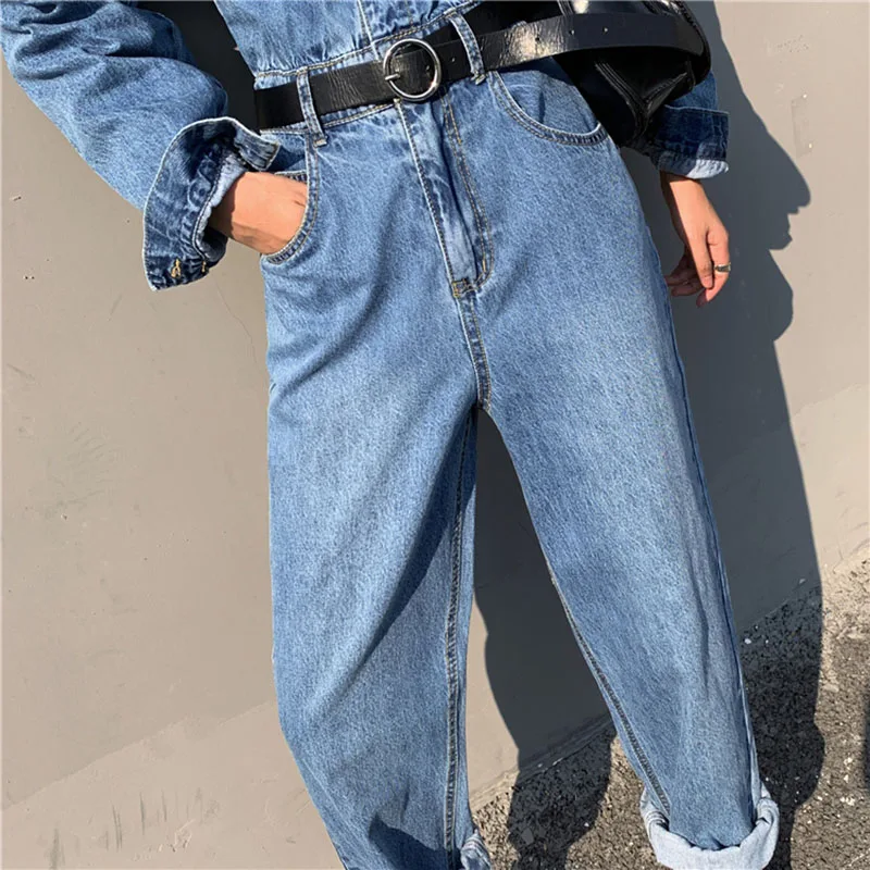 Женский джинсовый комбинезон Синий Свободный в стиле бойфренда весна 2020 |