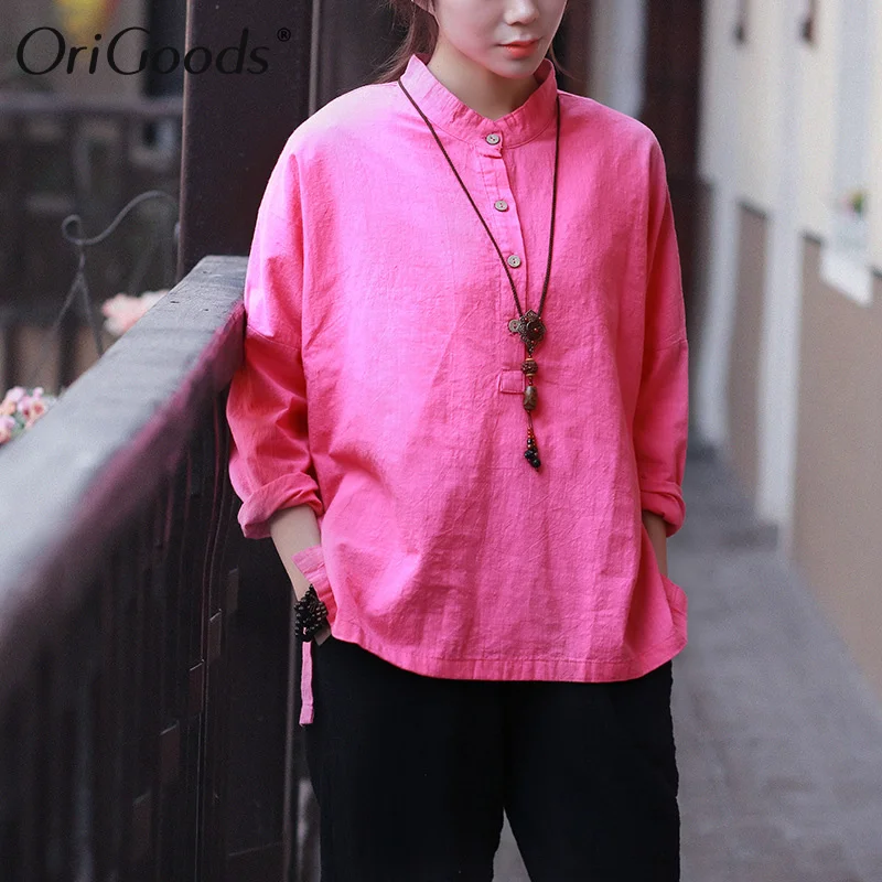 OriGoods Long sleeve Blouse Women Plus size Shirt Chinese style Vintage Loose Solid Novelty Original C094 | Женская одежда