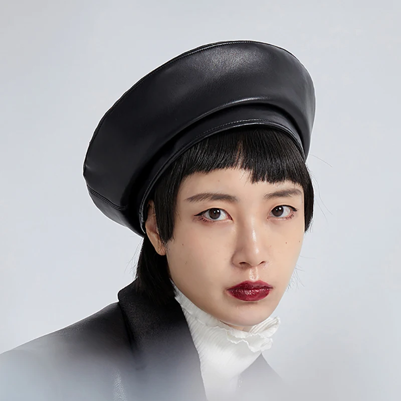 

[EAM] Women Black Vintage Pu Leather Fishermen Hat New Round Dome Temperament Fashion Tide All-match Autumn Winter 2021 1DD2224
