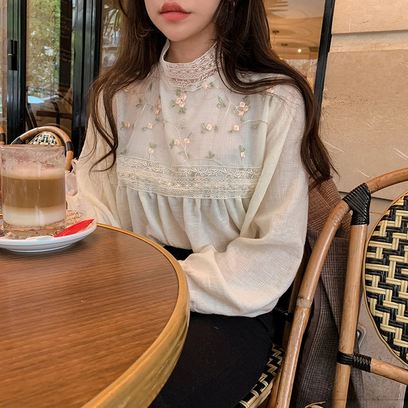 

New Elegant Lace Stand Collar Blouse Shirt Sexy Hollow Out Floral Embroidery Feminine Blouses Women Long Sleeve Tops