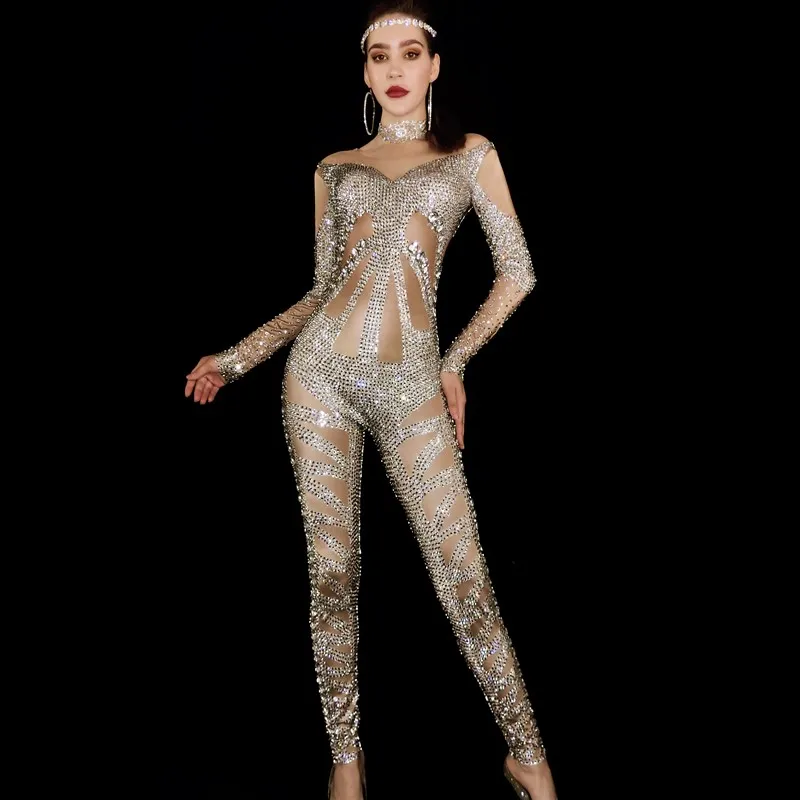 Блестящий серебряный комбинезон стразы из спандекса для празднования дня