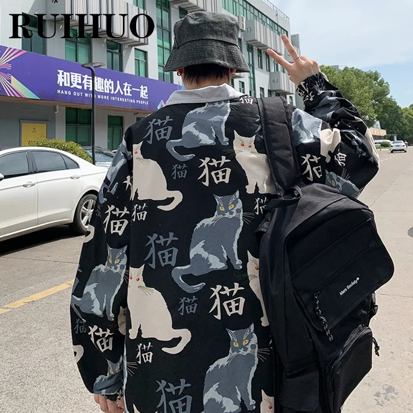 Куртка-бомбер RUIHUO мужская с японским принтом кошек пальто в Корейском стиле