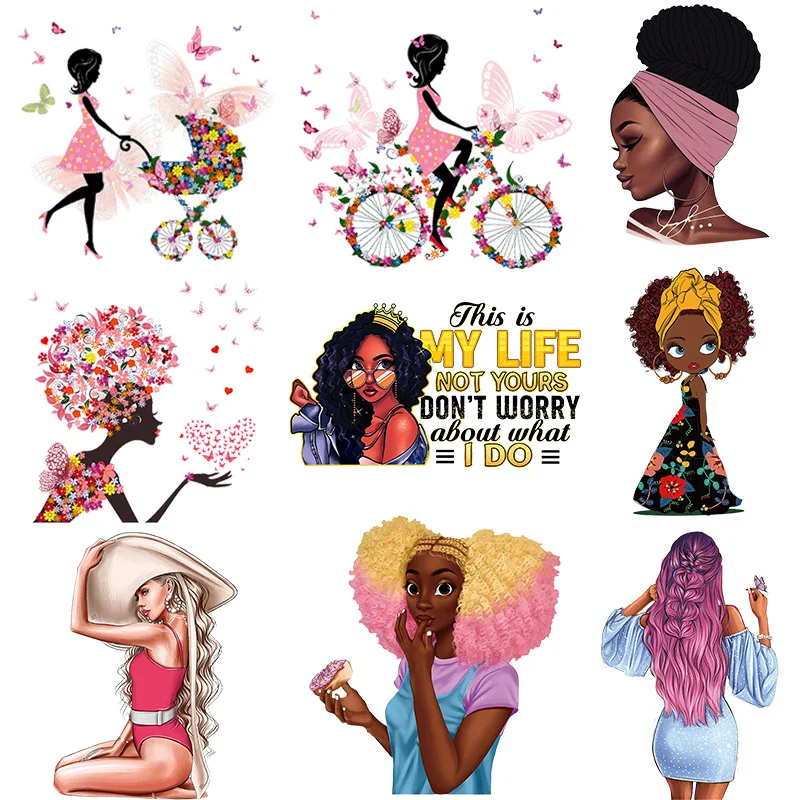 

African Woman Patch Iron On Transfer For Clothing Thermo Sticker On Clothes Patches For T-Shirt Stripes Thermal Transfer Decor