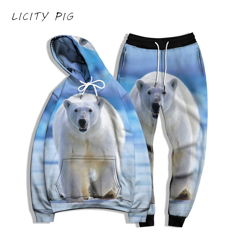 

2 pieces set mens tracksuits 3d Polar bear printed hoodie pants sweatshirt fashion streetwear casual men set jogging sport suit